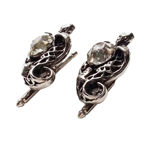 Snake Reptile Crystal Tuxedo Shirt Buttons Cufflinks Silver Tone Rhinestone Vtg - Picture 4 of 11